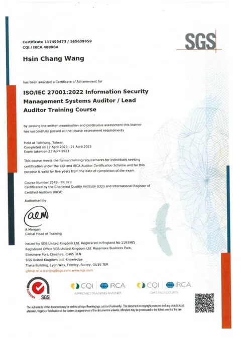 團隊成員取得"iso 27001 資訊安全管理系統主導稽核員"資格 證明圖片 1