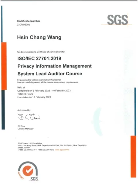 團隊成員取得"iso 27701個人資料隱私管理系統主導稽核員"資格 證明圖片 1